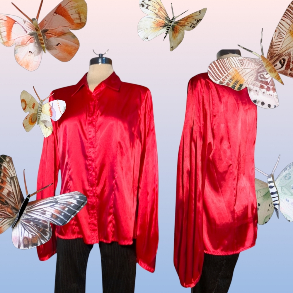 REQUEST Tall Luxury Long Sleeve Red Satin  Blouse Size M